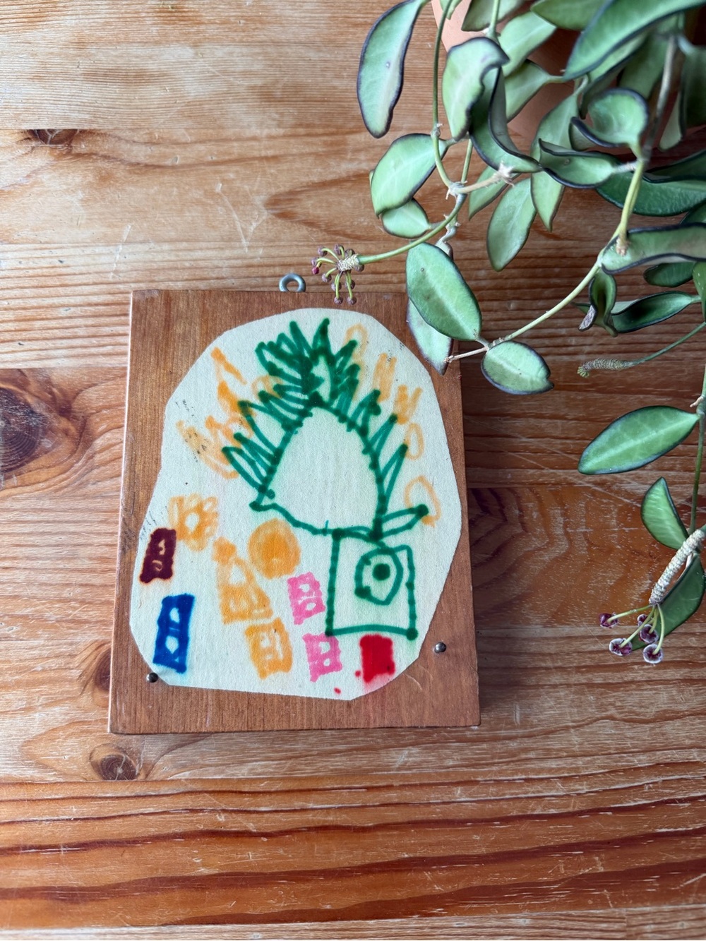 Vintage Handmade Child's Artwork Plaque with Hooks